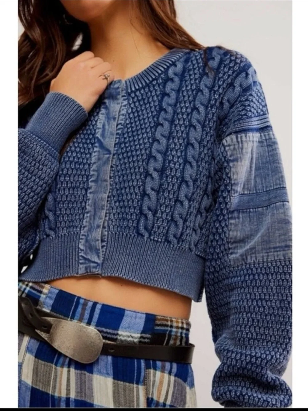 Free People Patchwork Chunky Cable Knit Heritage Cardi Cardigan Sweater Large